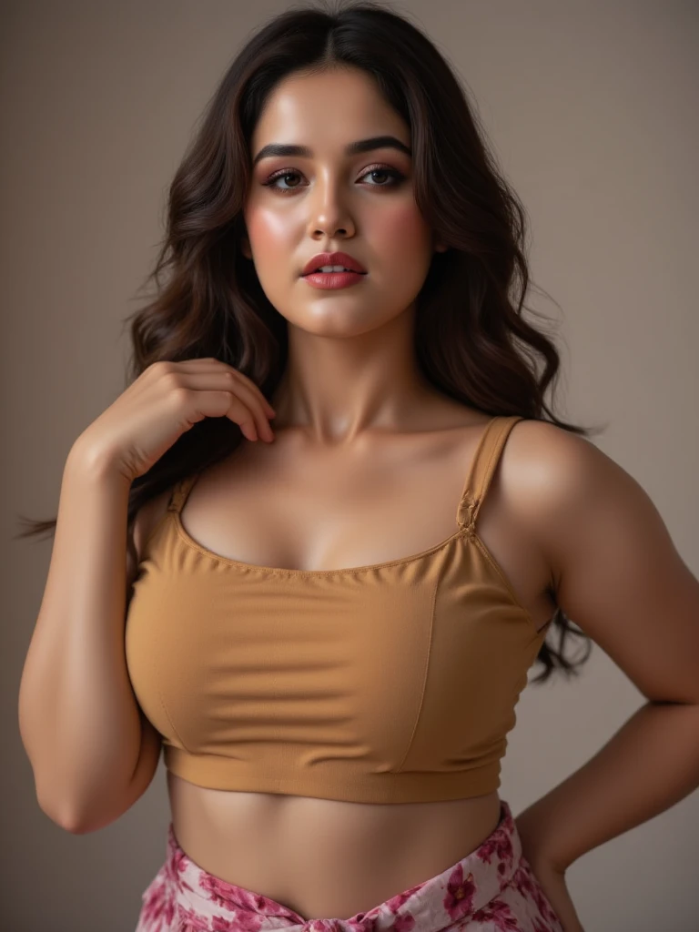 El Salvadorian teen, very pretty girl, tank top, shorts, seductive, fashion model, skinny, slim, lean, nubile, blushing, huge lips, fat lips, showing off her breasts, teasing, armpits, flirting, (tiny breasts, flat chested), (small breasts:1.5), red lips, eyeliner, huge areolas, chiquita