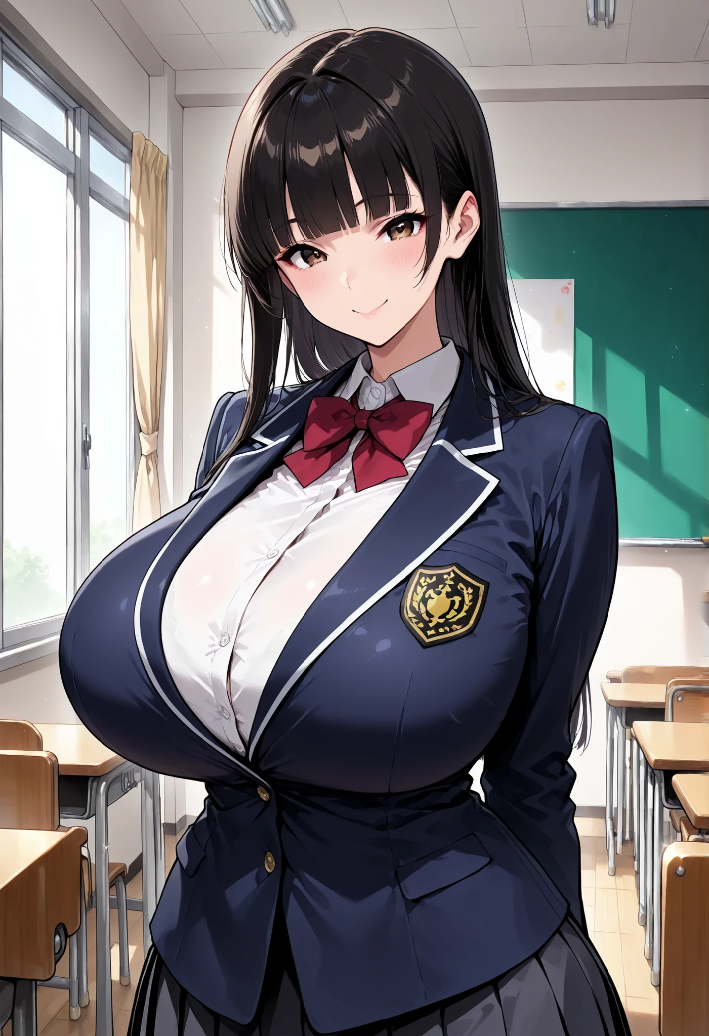 (masterpiece, 8k, super high resolution, absurd:1.2), 1 Japanese woman, 10th Generation, (black hair long, straight hair, blunt bangs), Beautiful Character Designs, perfect contrast, Anatomically Accurate, perfect face, Beautiful and delicate eyes, expressive eyes, brown eyes, Smile, (school uniform, navy blue jacket, Pleated Skirt), (huge breasts, saggy huge breasts:1.1), (pretty shaped ), Thin Waist, wide hips, In the classroom, (From the side:1.2)
