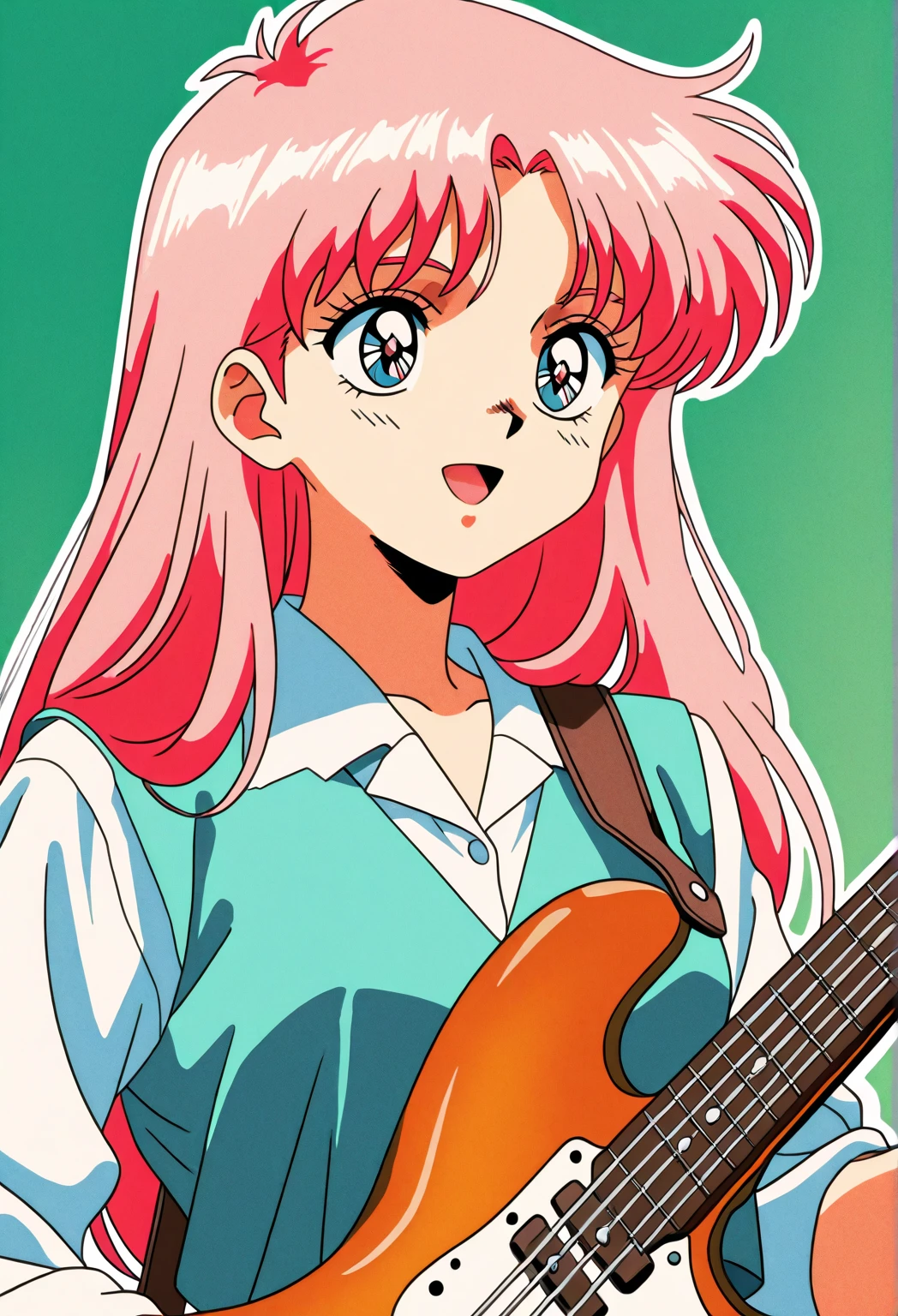 (masterpiece, best quality;1.3), extremely detailed , unity 8k wallpaper, perfect lighting, perfect shading,, 1girl,  looking at viewer, pov, mylene
 <lora:mylene_jeniusV1:0.7>  long hair,green eyes, guitar, holding, holding instrument, instrument, long legs, musical note, pink hair, wristband, space, facial close-up, perfect pop art,