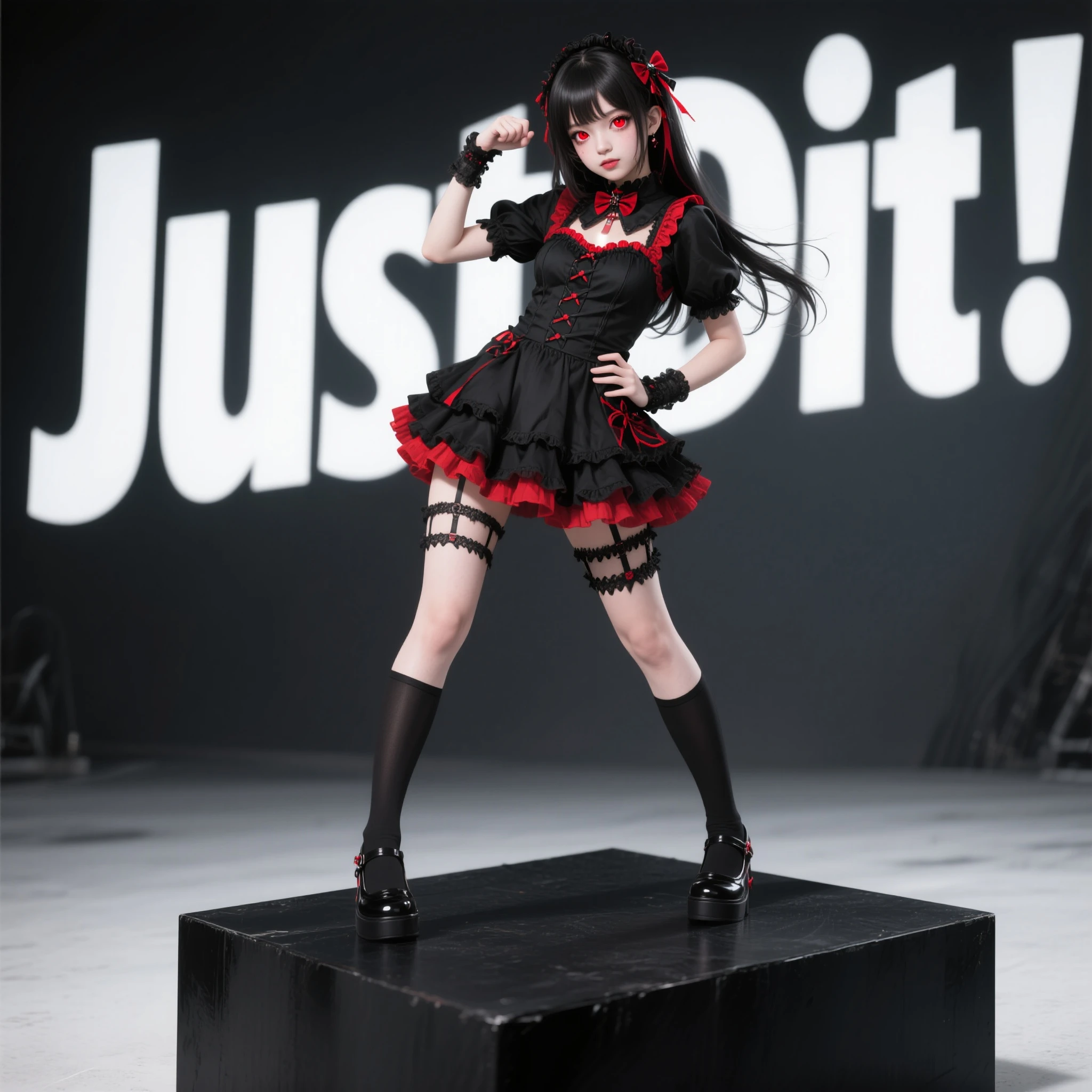 Rory Mercury, Laurie Mercury, Black Hair, Blunt bangs, Hime cut, hair ornaments, Red lipstick, Long Hair, Cute face, compensate, (Small box:1.2), (Red eyes:1.5), break Gothic underwear, Perfect body (Small breasts:1.3), break in full growth, Red Shoes, break Black Stockings, Black Gloves break, Black thighs, Garter Straps, gloves, Gothic, Hair Ribbon, Gothicファッション, puffy Short sleeve, Puffy sleeves, Short sleeve, tights, tights, looks at the viewer, break (masterpiece:1.2), Highest quality, High resolution, unity 8k wallpaper, (Illustration:0.8), (Beautiful details in the eyes:1.6), Highly detailed face, Perfect lighting, Highly detailed CGI, (Perfect Arms, Perfect Anatomy), (white background:1.5), I have nothing in my hands, 1girl, whole body, Confused eyes
