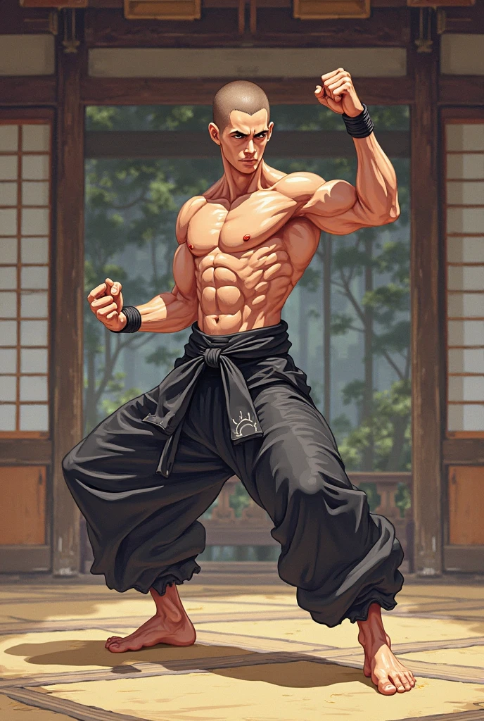 Mighty fighter, chest exposed, lower body unclothed from thighs to feet, adorned with a beaded beard, flowing long curls, detailed muscular physique, photorealistic depiction, 4K resolution. Background: Martial arts dojo,32k uhd, best quality, masterpiece, super detail, high details