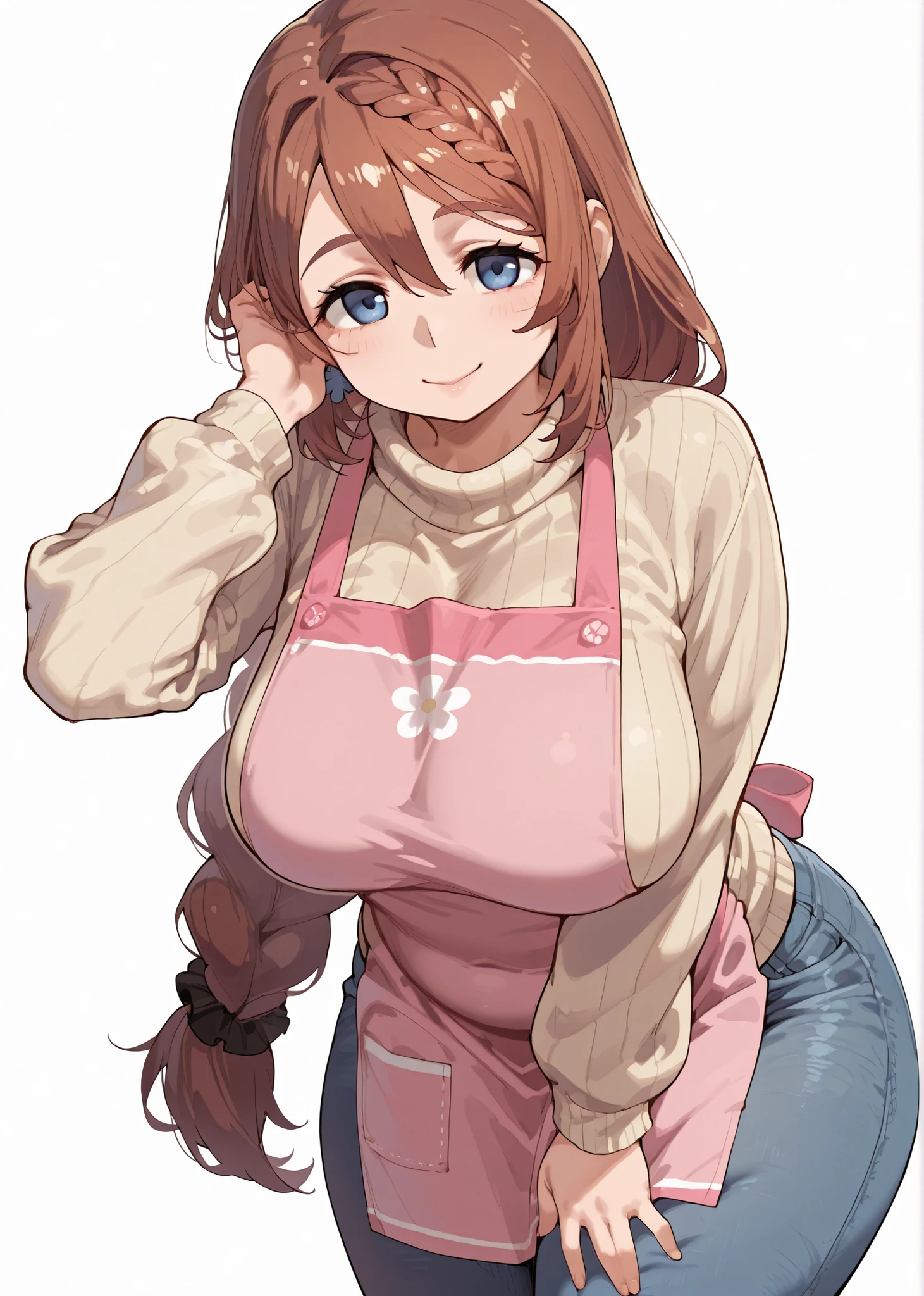 perfect anatomy, master piece, top quality, super fine illustration,
blank background, white background,
solo, upper body,
(super creek), brown hair, braided bangs,
(sagging breasts:0.5), mature, plump,
beige sweater, pink apron, denim,
smile,
tucking hair, one hand on thigh,