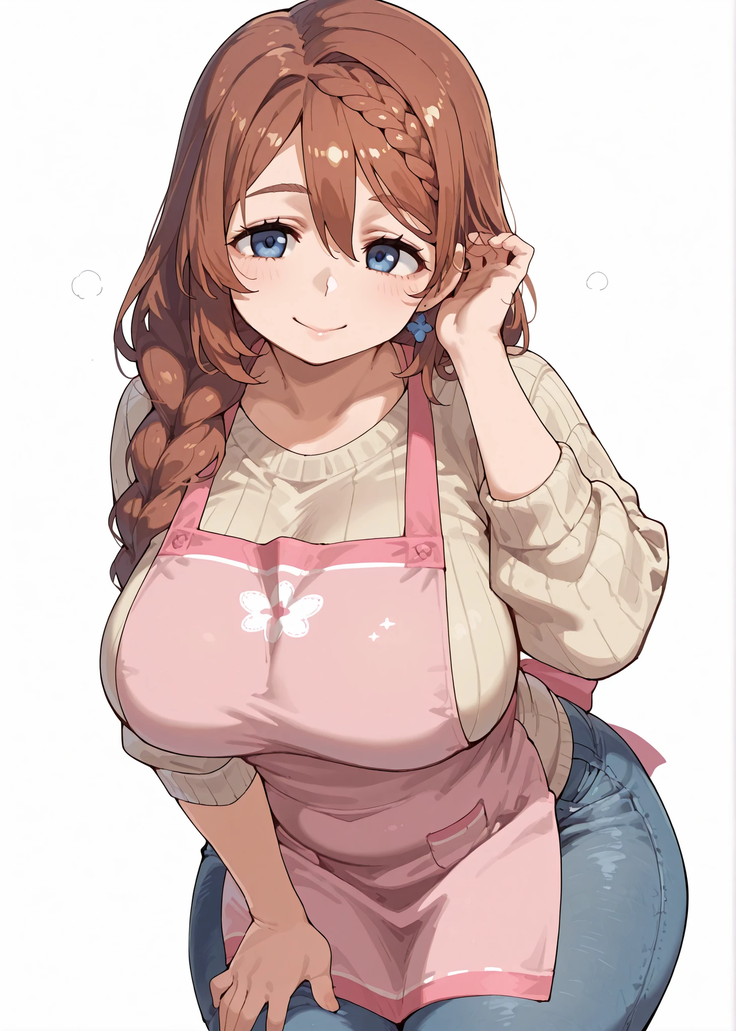 perfect anatomy, master piece, top quality, super fine illustration,
blank background, white background,
solo, upper body,
(super creek), brown hair, braided bangs,
(sagging breasts:0.5), mature, plump,
beige sweater, pink apron, denim,
smile,
tucking hair, one hand on thigh,