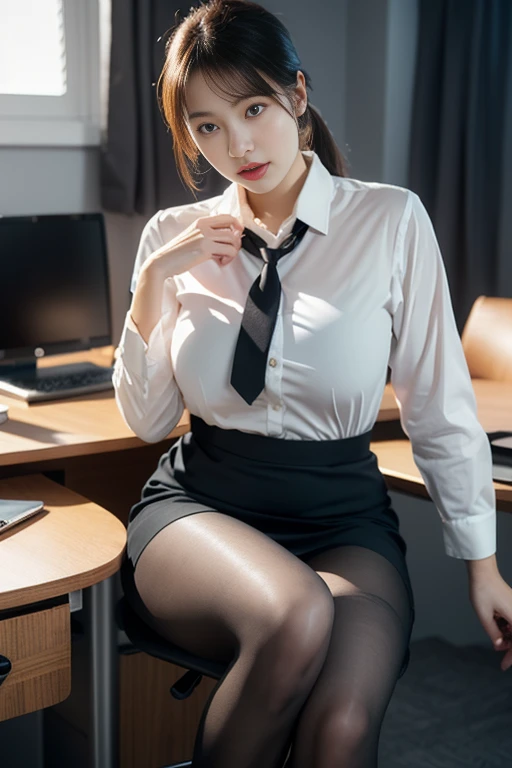 Classy upper class elite secretary wearing business shirt, sit on a chair and work in the office、厳格なbusiness suitを着て, (wearing pantyhose)、(medium hair、brown hair、bangs)、crossed legs, wear luxury high heels、 (stockings and skirt), girl wearing a shirt, business suitを着ている, business suitを着ている, business suitを着て, Businessman, business clothes, 黒のbusiness suitを着ている, wear a shirt and skirt, business suitを着た女性, business suit, business clothes装, RAW photo, (8k、highest quality、masterpiece:1.2)、(intricate details:1.4)、(Photoreal:1.4)、octane rendering、Ultra-detailed complex 3D renderings, soft light in the studio, rim light, vivid details, super detail, realistic skin texture, details face, beautiful detailed eyes, Highly detailed CG Unity 16k wallpaper, compensate, (detailed background:1.2), exposed thighs!!!, open chest,cleavage cutout :1.2, (coverd nipples:0.8)