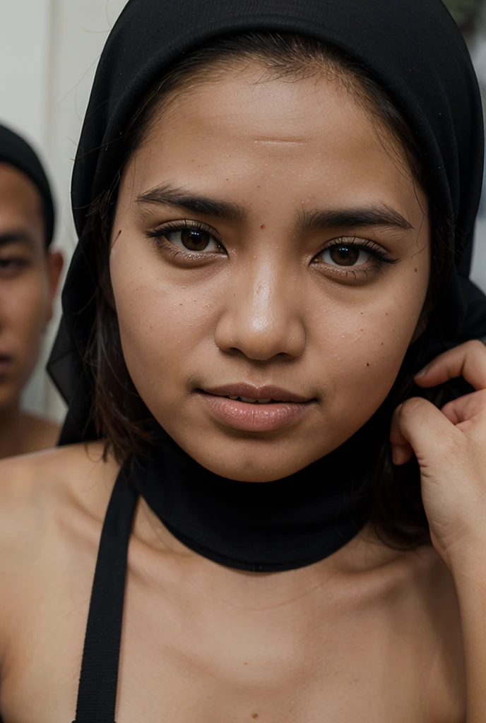 ((SHORT HIJAB)), ((Flat chest:1.7)), (dynamic photograph of a 58 year old Indonesian woman), (slim top, cotton panties), (straight non curly hair), (highly detailed face:1.4), (vascular muscles and abs:1.3), (background inside light, bright, private gym:1.1), (8k, uhd, dslr, high quality, cinematic lighting, bokeh), (dramatic, award winning photography, incredible masterpiece:1.3), (((sexy sultry stare at camera:0.8))), close up, ((she is ready to dominate you:0.5)), ((beautiful feminine face)) (she is a champion MMA fighter), add_detail:1, ((Wearing strapless pastel)) lace black & purple , from behind view, seductive pose
