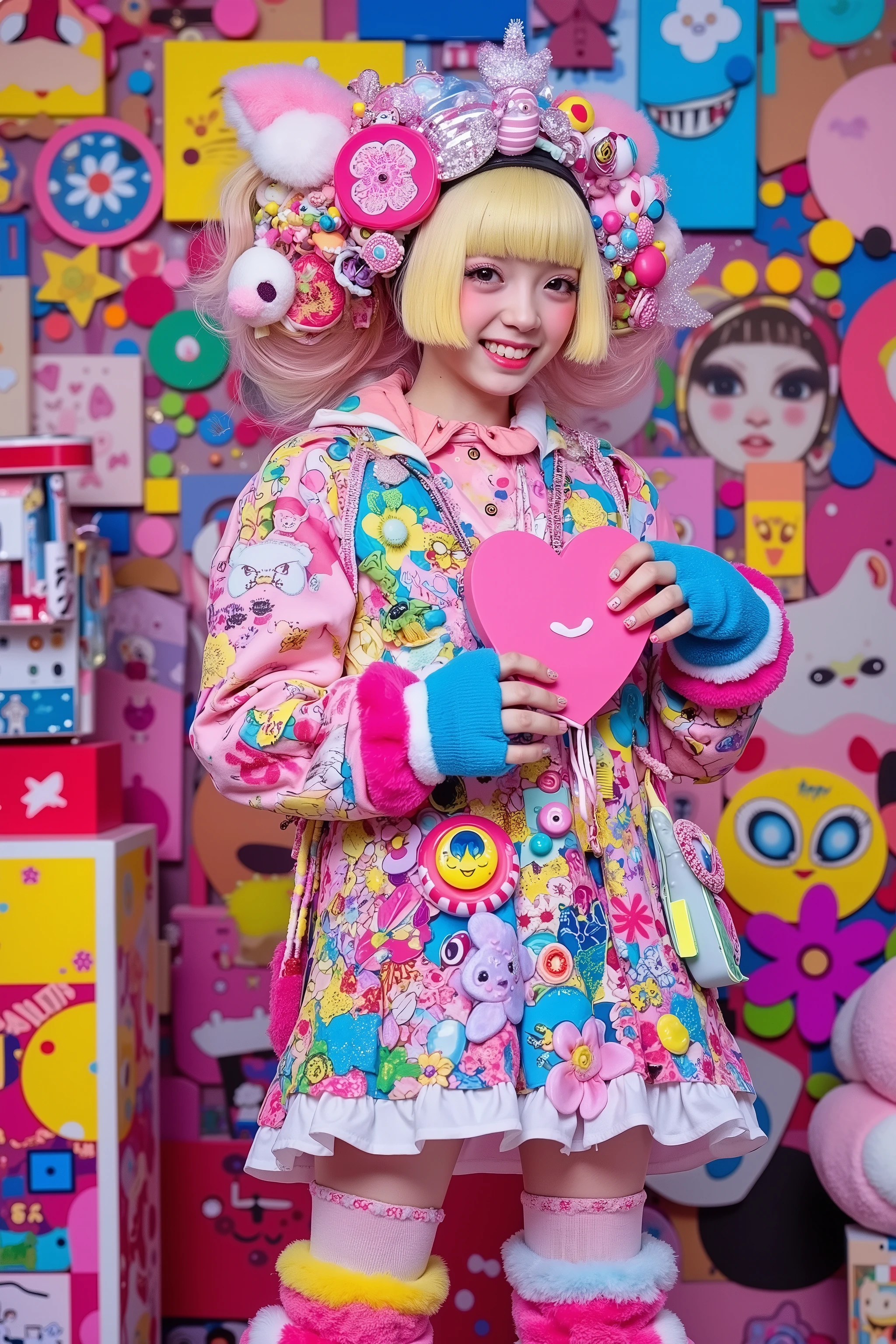 1 girl,decora,holding pink heart,smile,artist photoshoot,in takashi murakami style studio