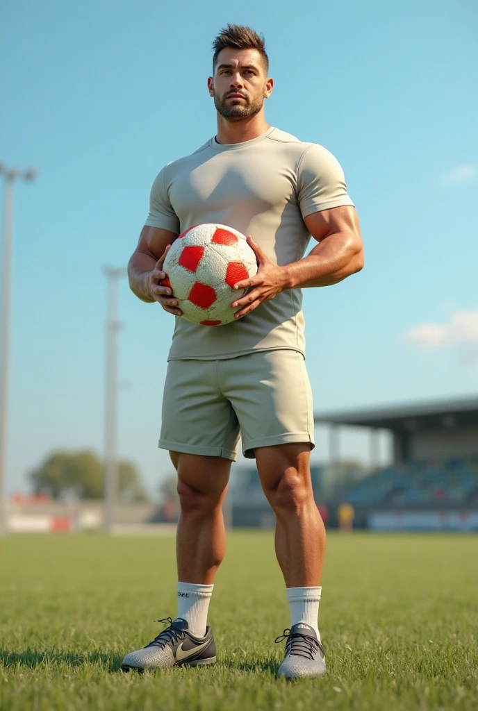 A handsome guy playing soccer completely naked、Short black hair、Sweat、is visible、Soccer socks
