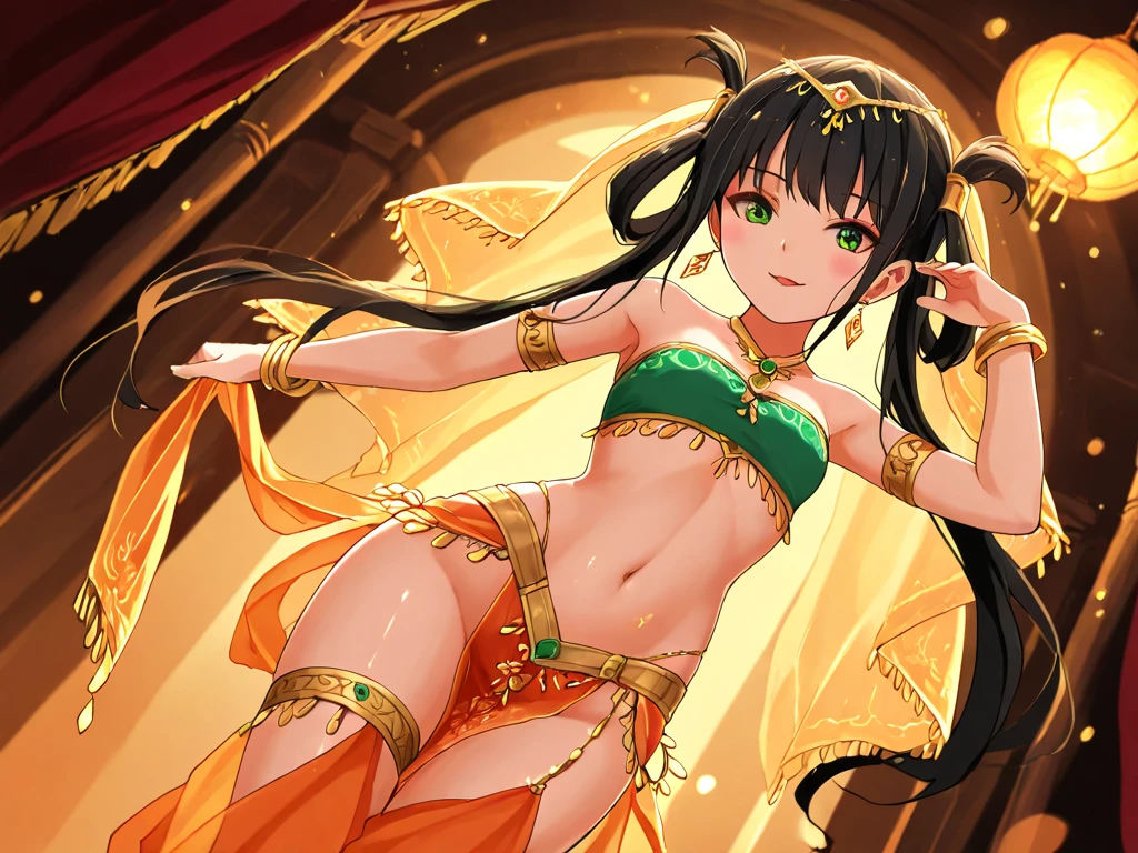 [[1girl, solo, arabian dancer, fantasy middle eastern]], [slim hourglass figure, soft glowing bronze skin, elegant posture, toned midriff, delicate waist curve, shimmering golden highlights on skin], [exposed midriff and arms, soft collarbone], [exotic graceful face, sharp nose, full lips, kohl-lined almond eyes, golden shimmer on cheeks], [long thick black hair, wavy, styled in twin tails tied with golden hair rings and silk cords], [emerald green eyes, sparkling and half-lidded with a seductive glint], [(ornate belly dance costume:1.3), jeweled halter top, sheer veils, flowing translucent harem pants with coin decorations visible above waist], [golden bracelets and dangling earrings], [posing in dance, one arm raised with veil flowing mid-motion, hips turned in elegant twist, other hand poised near face], [barefoot tiptoe posture implied, movement captured in veil and flowing cloth], confident smile, graceful and enchanting expression, looking toward viewer, (mid-thigh up view:1.2), slightly from below, warm lantern lighting with soft shadows, anime style, lavish palace interior blurred in background, arabian curtains and golden light, mystical and dreamlike ambiance, soft shimmer detail, cinematic lighting, high-quality rendering, magical, sensual, exotic elegance
