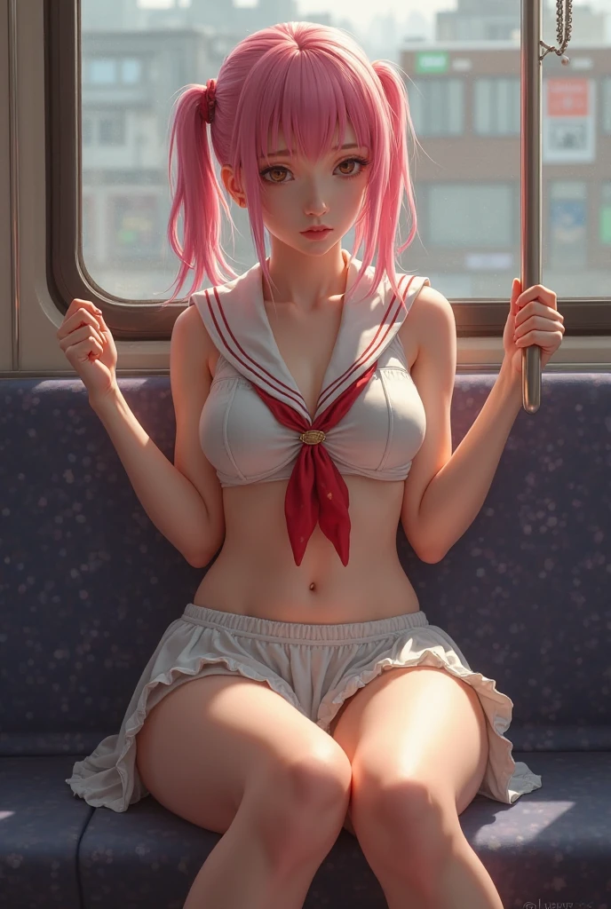 masterpiece, super fine illustration, best quality, absurdres, blush, ultra-detailed,8K wallpaper, (bright colors:1.3), 1 girl, , cute, kawaii, brown hair, straight hair, small breasts, embarrassed look, ((it's raining)), (see through clothes:1.4), get wet, bus station, sit in a chair, school uniform, (see through pink underwear, pink bra:1.2), wet hair