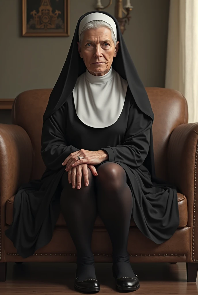 Mature nun, solemn expression, wrinkled face with deep lines, traditional religious habit with long robe and veil, weathered hands holding a rosary bead, serene posture, seated in a dimly lit room, surrounded by empty shelves and books, peaceful aura, intricately detailed habit, smiling gently, wearing simple yet elegant sandals, soft and wise gaze, expressing profound wisdom and compassion.