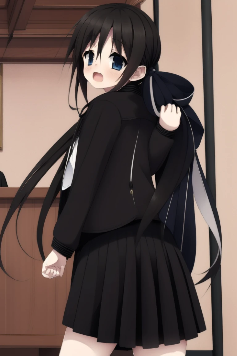 Multiple compositions、From before&From the back、Black hair in side-up twin tails、See-through shirt uniform、Skirt lift、White cotton panties