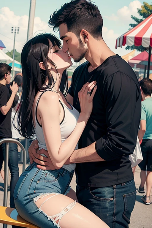 Man wearing maroon full sleeved t shirt and ripped jeans kissing a sexy woman wearing a olive green tank top, white shirt and pants in an amusement park
