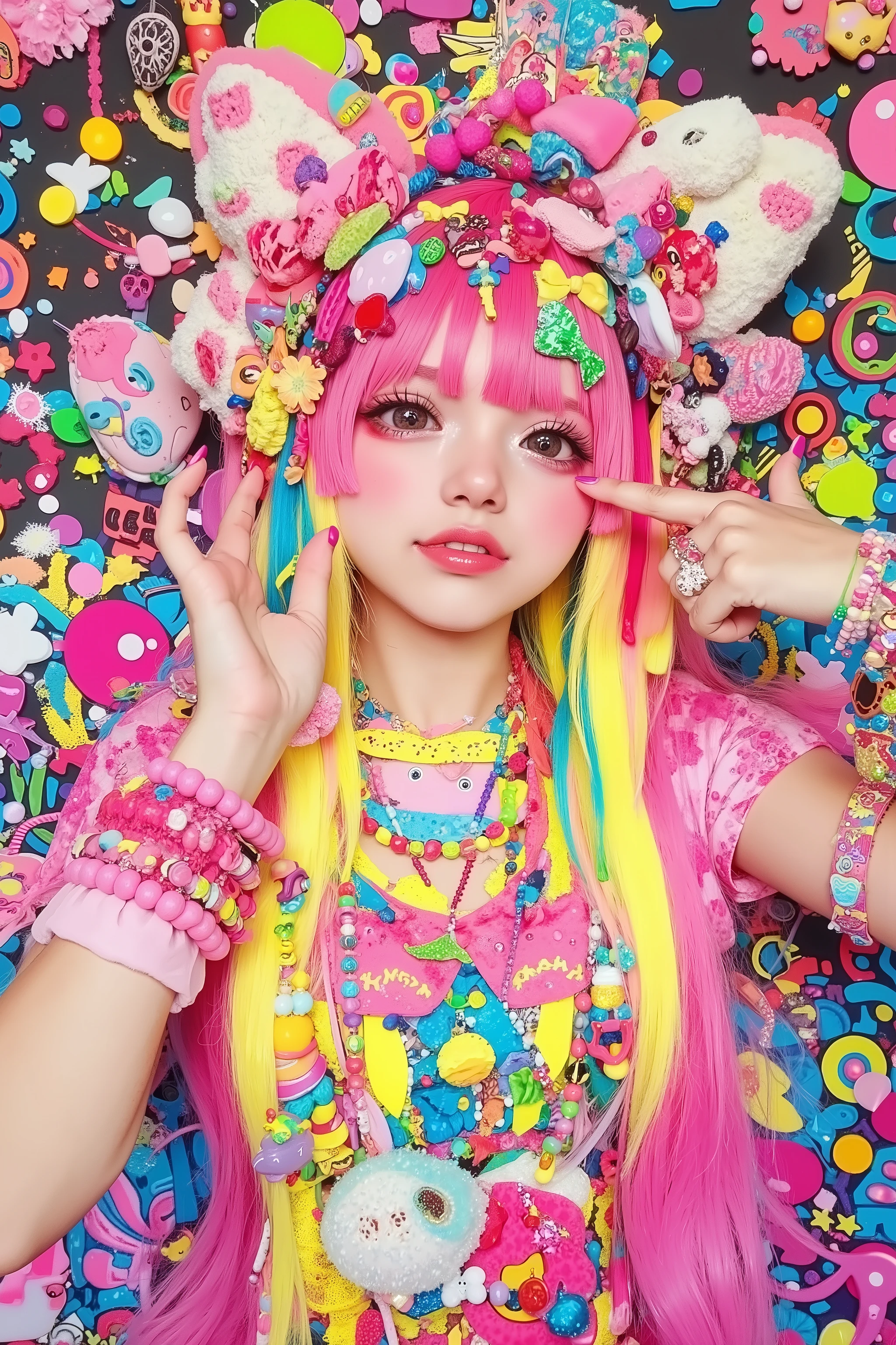 1 girl,decora,smile,artist photoshoot,manga style,takashi murakami style background