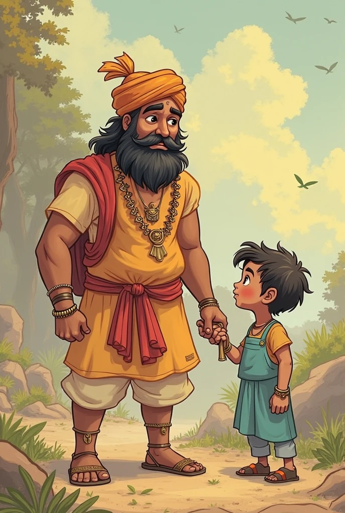 Chacha Chaudhary, an elderly man with a turban, white mustache, and red jacket, is standing beside the towering, muscular Sabu. They are in a traditional Indian village with mud houses and trees in the background, watching an unfamiliar man in the distance.