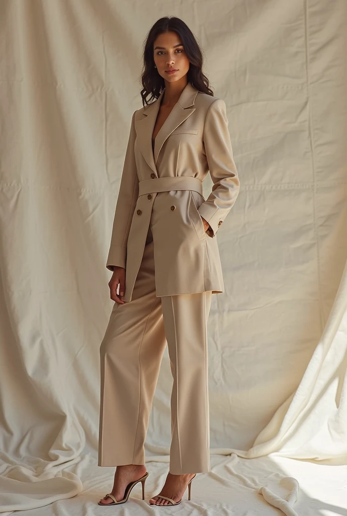 "Une jeune femme aux cheveux brunette lisses et longs se tient dans une allée étroite entre deux murs blancs. Elle porte une tenue beige composée d'un haut court et d'un pantalon ajusté. Elle a un sac à main beige avec une chaîne dorée sur son épaule. Elle regarde par-dessus son épaule vers la caméra avec une expression douce et confiante. L'arrière-plan montre une architecture moderne minimaliste avec un ciel bleu clair au-dessus."