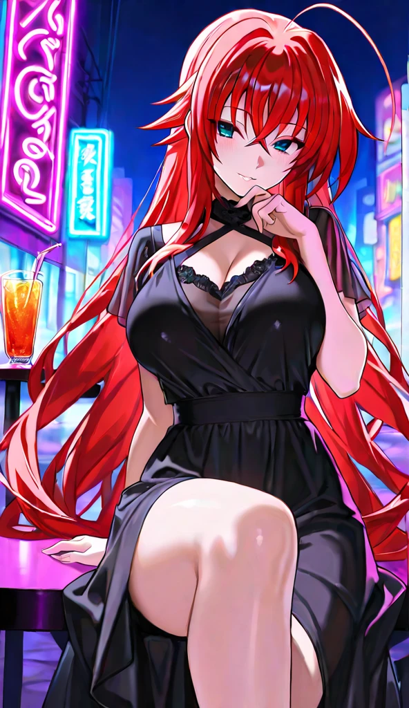 1girl, Erza scarlet (((bimbo))),hoop earrings, puffy lips, painted lips, thick lips. 
, wide hips, thick thighs, bursting breasts Nightlife, Night city, Cyberpunk city, futuristic cityscape. Neon lights, (skyscraper:1.1), Tokyo tower, palm tree, cloth sign, ramen stall, night club. bright city lights, exotic car. alcohol, bar, ramen, soup stall ,alcohol bottles,