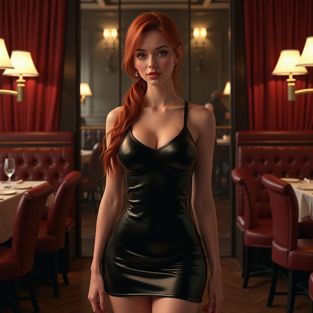 Emma Watson, at a fancy restaurant, sitting at a table, plates full of meat, plates full of food on table, wearing a miniskirt, wearing a tight red dress, wearing a choker necklace, wearing fishnet stockings, medium breasts, (medium breasts:1.5), cleavage,