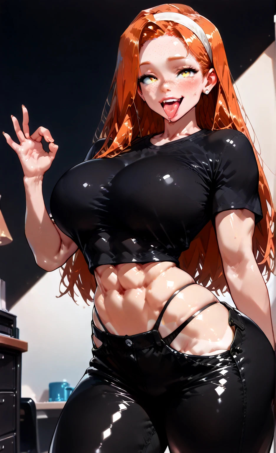 (masterpiece）、（Best image quality）、（Very detailed）、（Very detailed）、4K、（8k）、Best image quality、（beautiful）, 1 Girl,Super Breasts、Thick thighs,Noise Reduction､Emphasis on the crotch､Breast Augmentation,(Black Pantyhose:1.2),(nsfw :1.3),(pubic hair:1.3),Sweating,(teacher:1.2),A disdainful look,(Sex slave:1.3),(Blowjob:1.2),Red glasses,Orange Hair Color