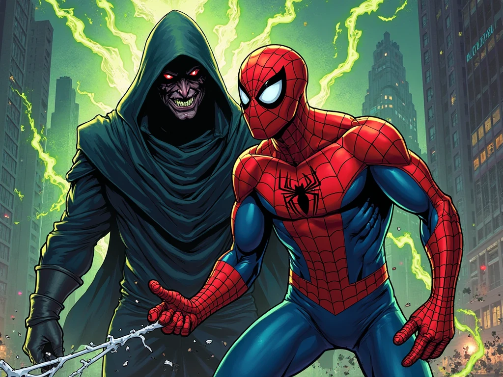 new modern style comics books, Storyboard of spider man fighting with Kindred is a haunting and sinister figure with a design that reflects his eerie and malevolent nature: Head and Face: Kindred’s face is wrapped in tattered, mummy-like bandages, with only his glowing, hollow eyes visible. His mouth is filled with sharp, decaying teeth, giving him a skeletal appearance. Body: His body is gaunt and skeletal, covered in the same bandages that wrap around his head, further emphasizing his undead, mummified look. Clothing: He wears a long, tattered cloak with a hood that shrouds his figure in darkness. The cloak is frayed at the edges, adding to his ghostly, ancient appearance. Underneath, he wears a dark, medieval-style tunic and gloves. Chains: One of Kindred’s most distinctive features is the chains wrapped around his body. These chains often dangle and move as if alive, adding a supernatural element to his presence. Posture and Movement: Kindred’s posture is often hunched or looming, making him appear even more menacing. He moves with an eerie, almost ghost-like grace, emphasizing his otherworldly nature. In addition to his skeletal appearance and dark attire, Kindred has a set of large, spindly, demonic arms or tendrils protruding from his back. These arms are often depicted as bony, clawed, and wrapped in bandages similar to those covering his body. The arms add to his monstrous and otherworldly presence, moving with an eerie fluidity, sometimes acting as extra limbs to manipulate objects, attack, or ensnare his victims. These appendages enhance his supernatural aura, making him even more terrifying and formidable.