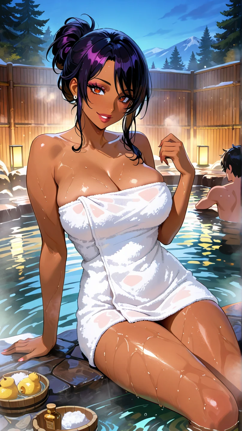 solo,Mature female,dark skin, in onsen ,Pubic hair, sexy bath yukata,no panties,Wavy hair,Drill hair, Shiny wet skin,cametto, black hair,Wide shot,tattoo,Large breasts,plump,exciting, squatting