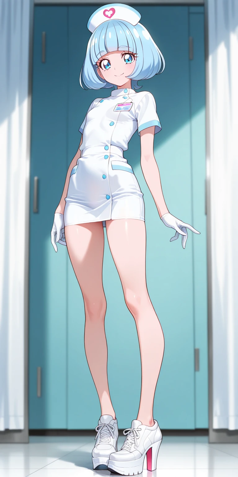 1woman, solo, nurse, white nurse cap, white nurse uniform, ((white legwear, zettai ryouiki)), white gloves, glasses, blue hair, orange eyes, pink lips, no impression, standing, ((hospital room)), sharp outline, short sleeves, mature female, 35 years old, best quality, masterpiece