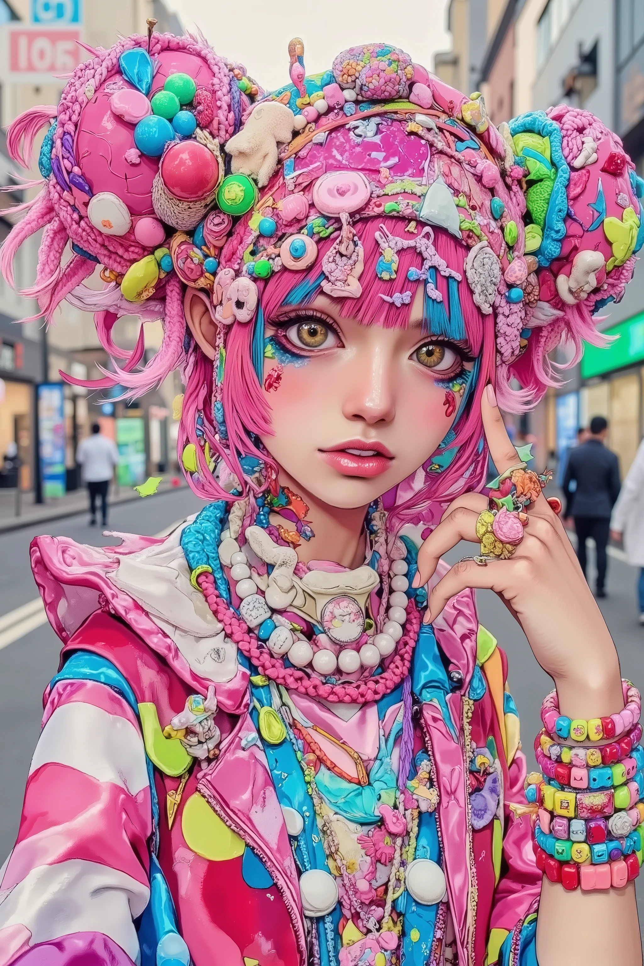 1 girl,decora,fashion portrait,in street,Hirohiko Araki style,JoJo's Bizarre Adventure style,official artwork