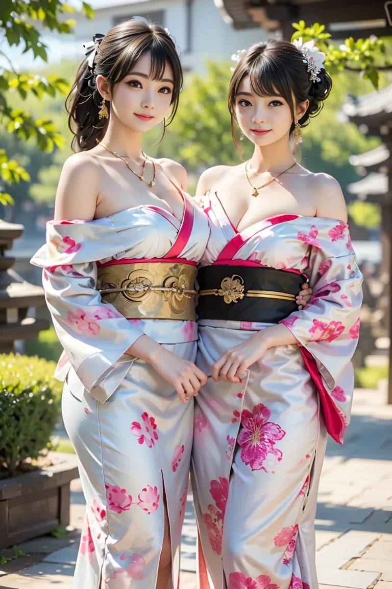 (Mastrepeace:1.2,Best Quality,ultra-detailliert) sexy kimono, Bare shoulder, Bare legs, Open V chest clothes, sexy cute beautiful detailed face, 1girl in, The face of the Japan idol, NSFW, The cherry tree, flower eating hairstyle、A smile, Nice teeth, Sexy Pose, Colossal tits、16yo girl、花魁、花魁、Kimono、Flower Qui Hairstyles、1人の女性、女の子1人