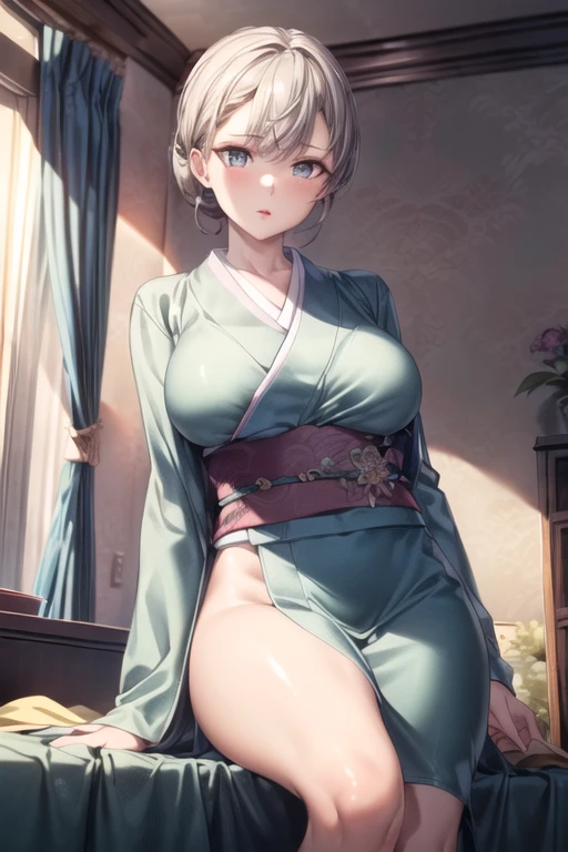 From the front, a mini dress that is a fashionable arrangement of Japanese kimono in a Western style, the ultimate realism woman by Albrecht Dürer and Pieter Brueghel, highly detailed eyes, transparent eyes, photorealism, dynamic lighting, fantasy art. Works, award-winning, highly detailed faces, 4K, masterpieces, one girl, highest image quality, great lighting, tasteful works, volumetric lighting, gentle lights, art award works, feminine movements and poses, skin