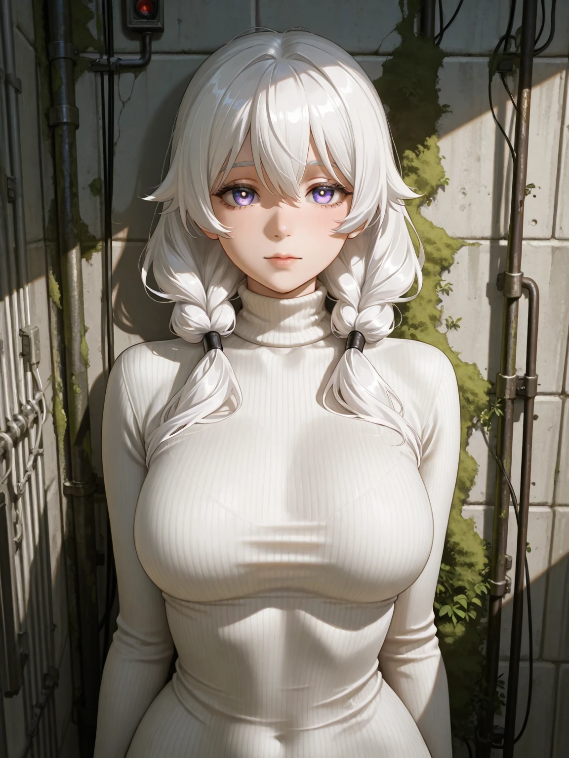 1girl(Mei Mei / Jujutsu Kaisen), beautiful detailed eyes, beautiful detailed lips, extremely detailed eyes and face, long eyelashes, white hair, grey hair, hair over one eye, braided ponytail, long sleeves, breasts, puffy sleeves, juliet sleeves, slim slender body, fit athletic body, toned abs, flawless skin, hourglass figure, long elegant legs, sensual pose, arrogant expression, intense gaze, nsfw, anime style, 8k, high quality, highly detailed, chiaroscuro lighting, dramatic lighting, vibrant colors.