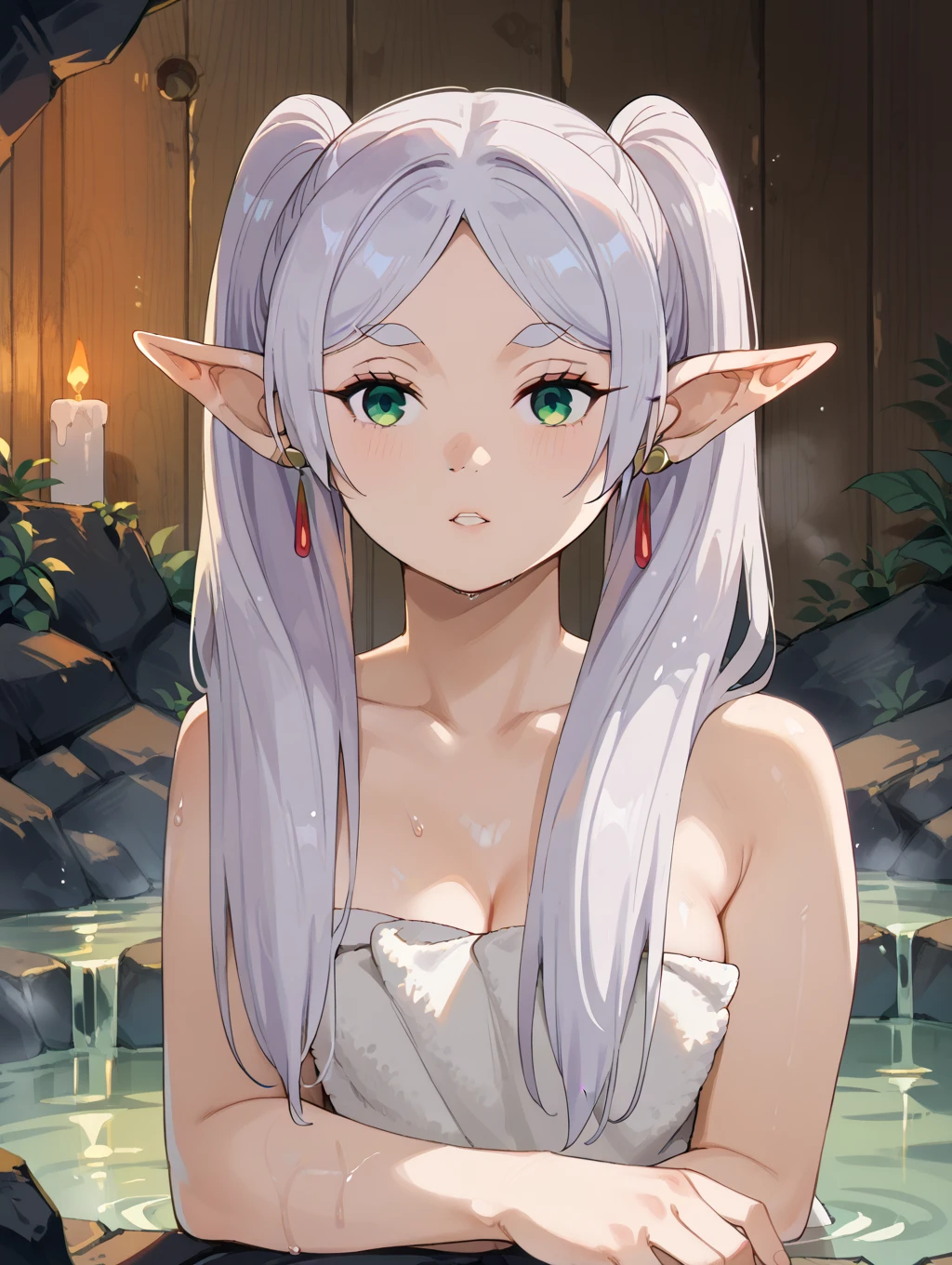 Facing the audience,master masterpiece, Superb Painting, illustration, 1女孩, cuddly, with exquisite facial features, (Beautifully Drawn Eyes: 1.2), (red eyes: 1.233), Waterfall braids, extra long white hair, elf ears,Starry background,Sea background,Clear focus, Long White Hair, beautiful girly face, Fair chest, Medium Boobs, glowing body,(Off Shoulder: 1.1), (naked body: 1.1), Pajamas with white lace trim,Gentle eyes