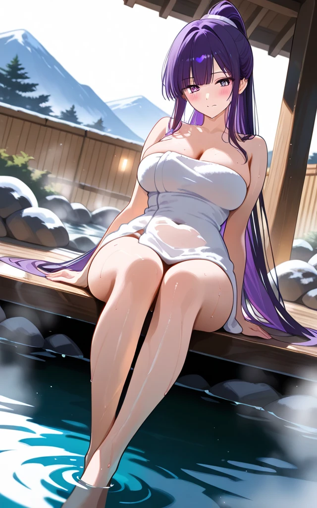 Masterpiece, best quality, , erotic , nsfw, white sexy swimsuit, show full body in water, beautiful legs, show vaginal rupture,,s, beautiful skin, hot naked, long straight purple hair, purple eyes,,in a hot spring, fairy garden on the background