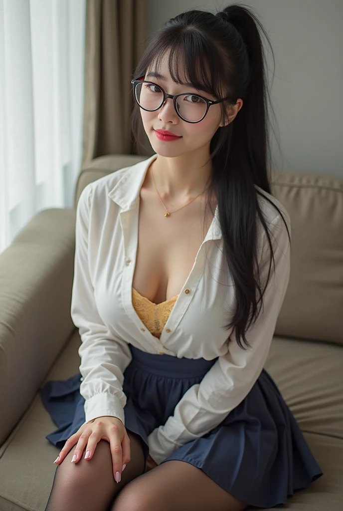(Best quality, masterpiece, detailed), (RAW, 4k, hd images), 1 girl, 17 years old, white skin, long hair, ponytail, layers hair, bangs, black hair, beautiful girl, cute girl, sweet girl, pretty girl, perfect girl, perfect body, pretty eyes, blue eyes, thin lips, (eye line, lip soft), perfect round breast, glasses(detailed frame), simple background, smile, waist, formal shirt open button, modeling pose, free style pose, random angle capture, indoors, sensual, sexy, hot, naked pose