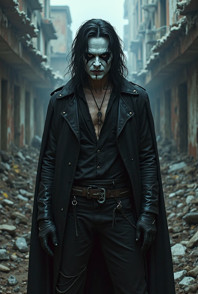 (best quality, ultra-detailed, realistic:1.37), intense lighting, monochromatic color palette, horror, close-up portrait, wet effect, dramatic expression, blurred background, wet streets, raining, reflection on his skin, dark city lights, man on his 30 yo brandon lee, the crow movie, pale skin, the crow movie make up, shiny, intense stare, gloomy ambience, hauntingly beautiful, mysterious atmosphere, close up, a crow on his shoulder, mid distance shot, naked thorso , red liquid on his hands and forearms, black leather trousers,  chains, black boots, wet hairs ,wet body, cowboy shot, standing pose,  night time, a crow flying above him, looking the sky screaming 