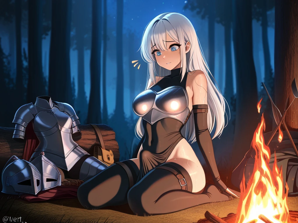 1 female,The perfect 25 years old,((ideal ratio body proportions:1.6,small head:1.7)),(tan skin),((high quality anime, 8k,masterpiece,Perfect Anatomy)),nsfw,((vaginal penis,1man and 1woman,POV,having sex:1.5)),cowgirl  position,(beautiful detailed face and eyes,gorgeous eye:1.3,Almond Eyes),  BREAK   ,brown eyes,  BREAK  ,female knight、(silver hair),Straight long hair,bangs,shy,blush,feel so good!,drooling、  BREAK   ,cowboy shot,medium breasts,slender body,skinny,sweat:1.7,  BREAK  ,naked,nipples,navel,vagina,Wet crotch、Brown leather long boots、sitting,spread legs、　BREAK   ,Fantasy World、Inside the cave、Rocky area、Bonfire light、In the rugged mountains、at night、