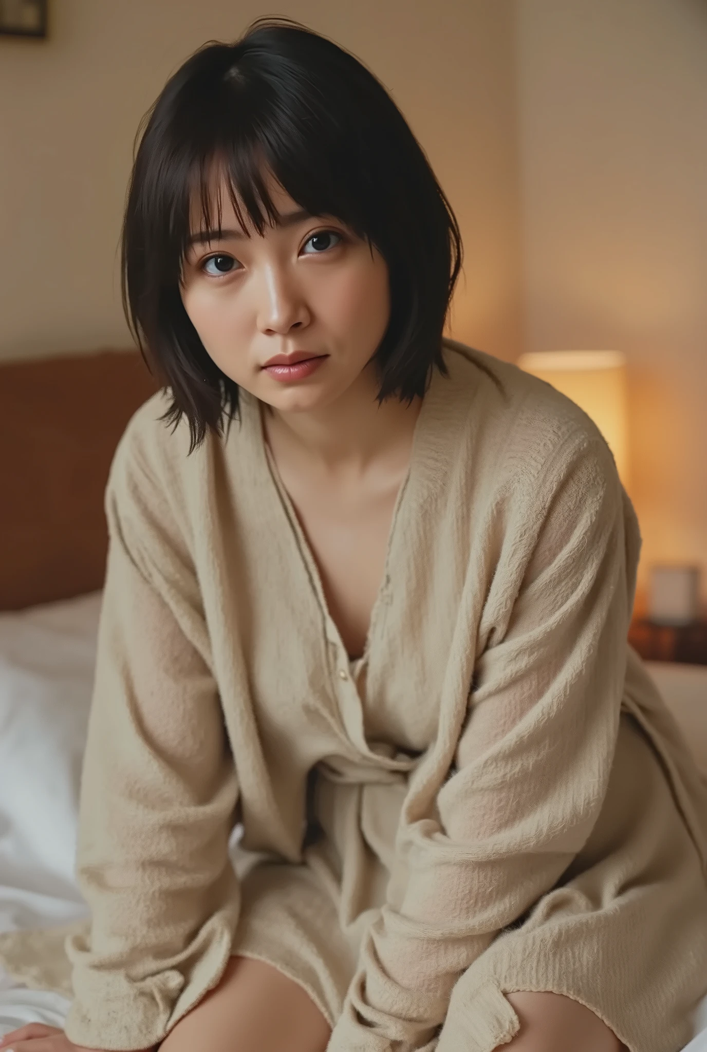 (( Highest Quality, 8k )), ((masterpiece)), ( details), Japanese ,1 girl, petite woman , Sexy,( in the bedroom),((( Abnormally large breasts , Fully naked, beautiful breasts, Short Bob Hair))), dark haired , (( No makeup, Small hands))