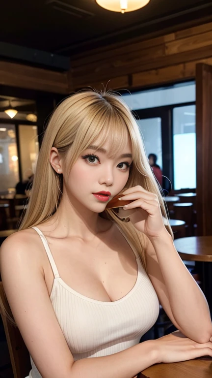(best quality, 4k ,8k, highres, masterpiece:1.2), ultra-detailed, (realistic, photorealistic, photo-realistic:1.37), closeup, beautiful Italian woman, (slim girl), (happy smile), long lashes, beautiful makeup, platinum blonde hair, fair skin, slender figure, elegant posture, wearing large sparkling colorful jewelery, wearing a business style leather dress, standing in a large shopping mall, gentle sunlight shining through the shopping mall windows, casting a soft glow on her face, adding warmth to the scene, vibrant colors, capturing the essence of vibrant city life, portrait style, showcasing her natural beauty and grace in a feminine way