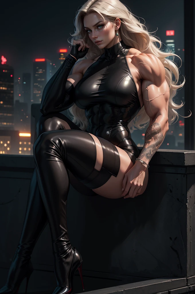 (((Massive tall, beautiful, buff, light brown skinned muscular woman with white hair, black lipstick, ginormous bulky muscles and wearing a beautiful black latex bodysuit with latex pants))), (((close view))), massive muscles, massive biceps, hyper muscle shoulders, massive muscle arms, vascular shoulders, hyper muscle triceps, (long straight hair), ((beautiful latex bodysuit)), blue eyes, studded gauntlets, gloves, choker, (beautiful black latex pants with belt), high heels boots, in a dark street, closed smile, morning, hyper vascular arm, hyper muscles arms, hyper muscle legs, massive arms