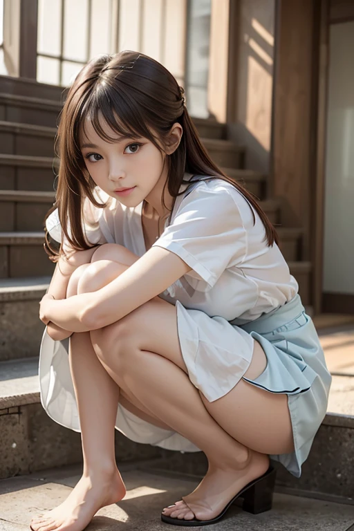 girl、High school girl naked from the waist down、High school girl uniform on the upper body, Squat、sit、Dear Viewers,、(、Urinating:1.5、Pee)、(Shy expression:1.2、blush:0.8)、((Exposed female genitalia))、alley, (Beautiful breasts, Small beautiful butt, (Detailed eyes and face:1.3, Professional photography techniques), (Highest quality, 8K, masterpiece:1.2, RAW Photos), (Detailed legs:1.2, Thin thighs), (Detailed feet:1.2, loafers), (Detailed hands:1.1, Beautiful little hands of a girl:1.3)