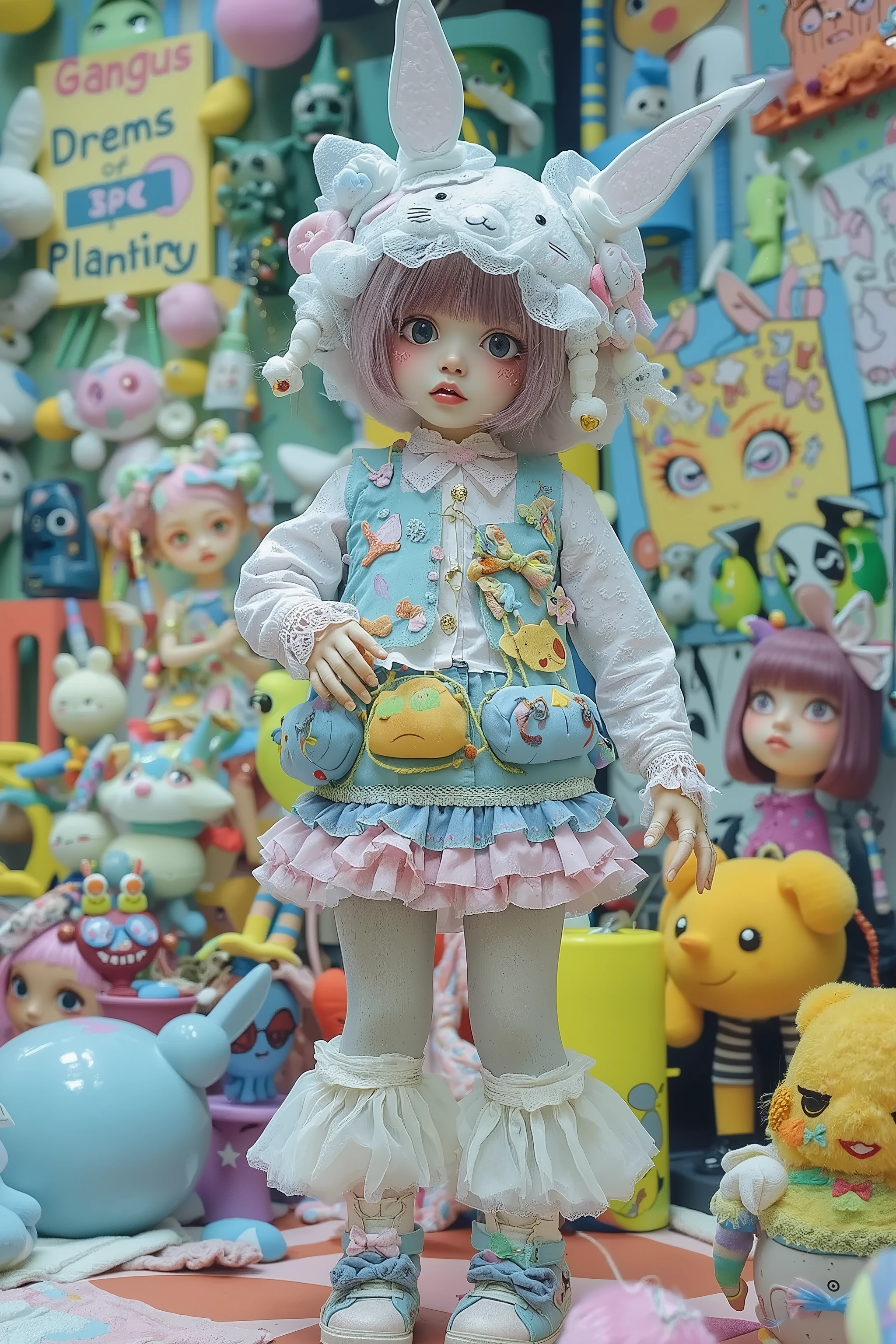 cute and strange doll,decora,artist photoshoot,in takashi murakami style studio