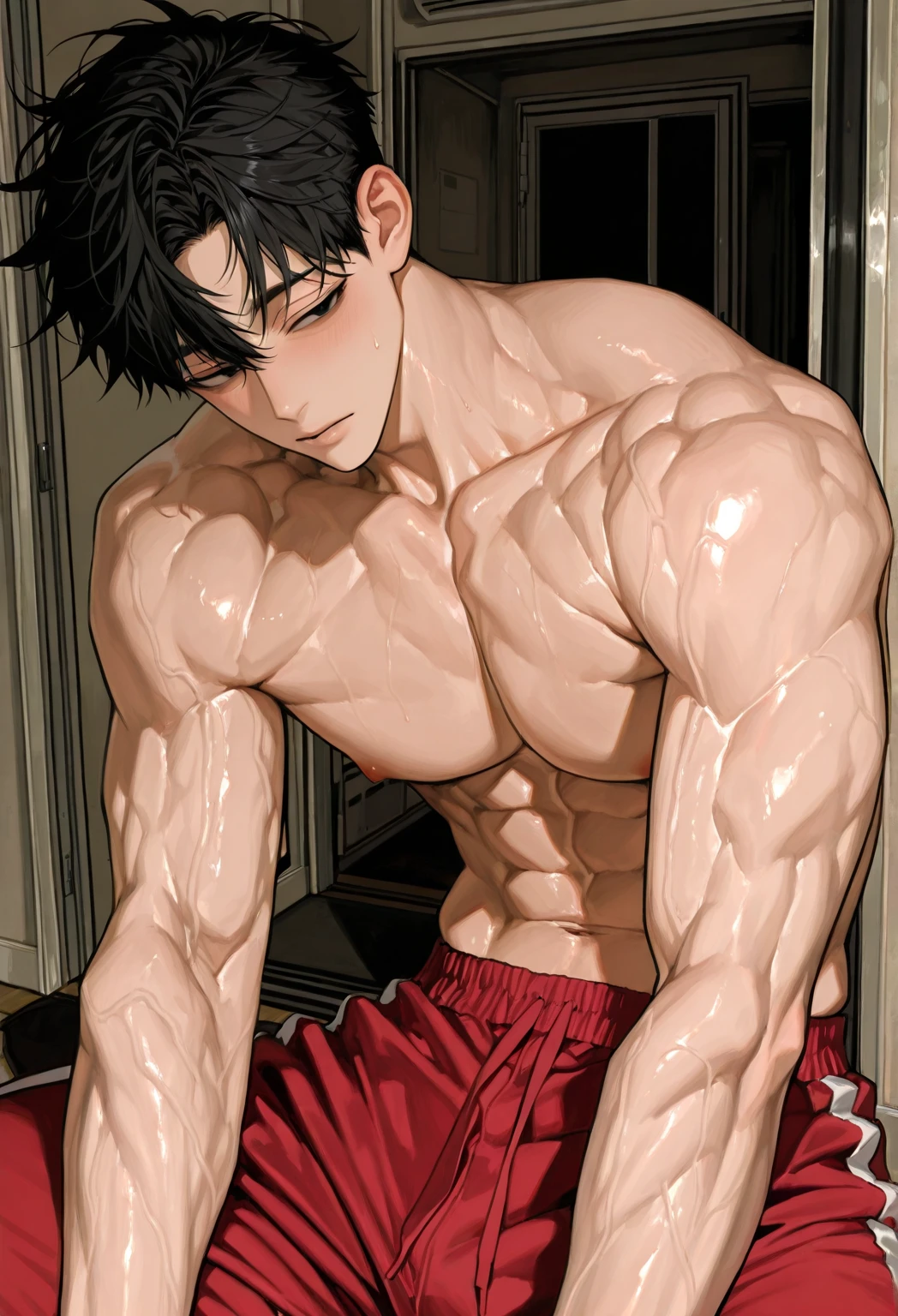 sock,Leg hair,muscle男,Chest muscles,muscle,Abdominal muscles,Well-developed muscle,muscle lines,musclestrength,powerful,powerful壮的,Bodybuilding,Black shorts,boys,juvenile,Boys,A single masterpiece, the best,Cluttered room,白sock脚趾断了,