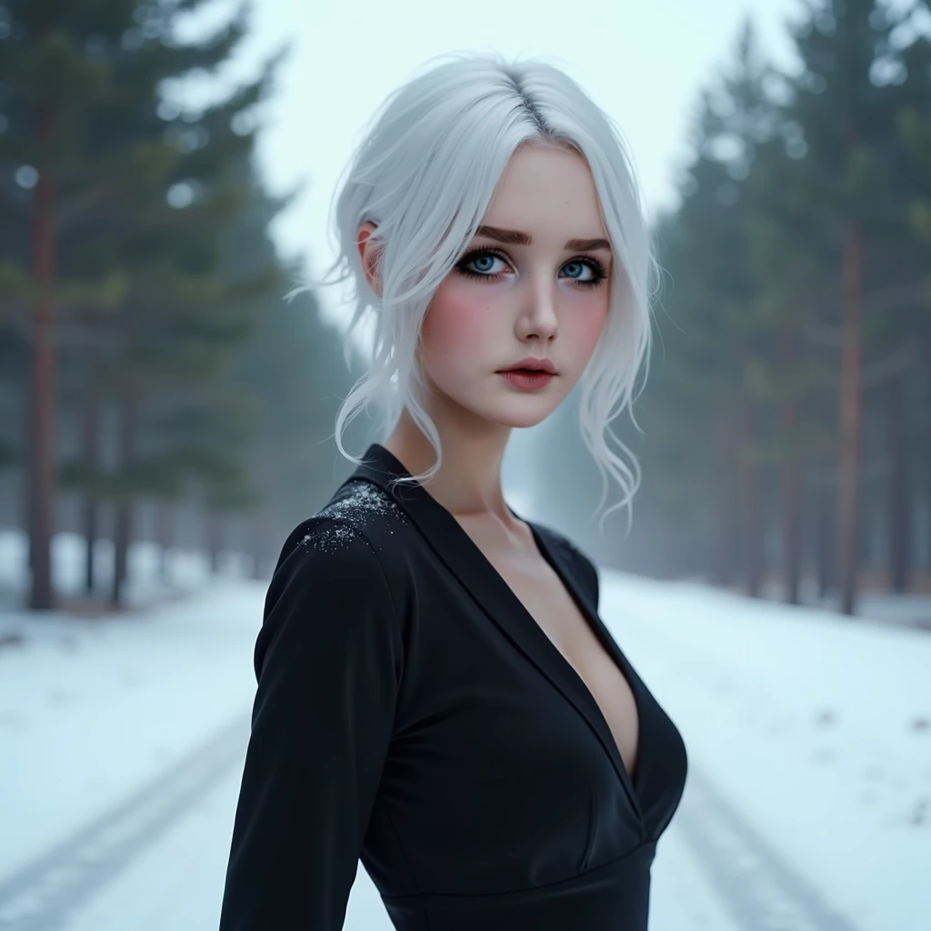 full body, white hair, ,blunt bang,, masterpiece,best quality,official art,extremely detailed CG unity 8k wallpaper,1girl, ultra high res, (photorealistic:1.4), golden hour lighting, sweater dress,(upper body), (platinum long hair:0.8), ((puffy eyes)), looking at viewer, facing front, smiling, laughing,medium breasts, shirtlift,