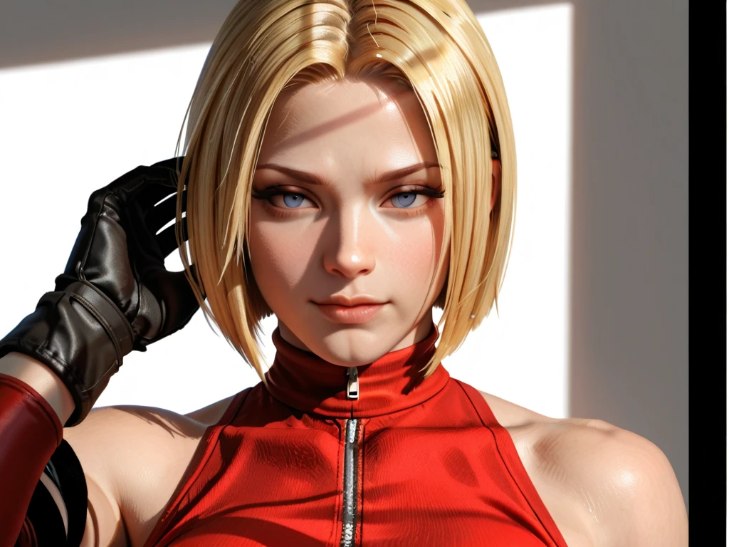 short red dress, undercut platinum bobcut blonde hair, beautiful detailed eyes, beautiful detailed lips, small breasts, fit and muscular physique, short hair, confident expression, strong and capable posture, cybernetic enhancements