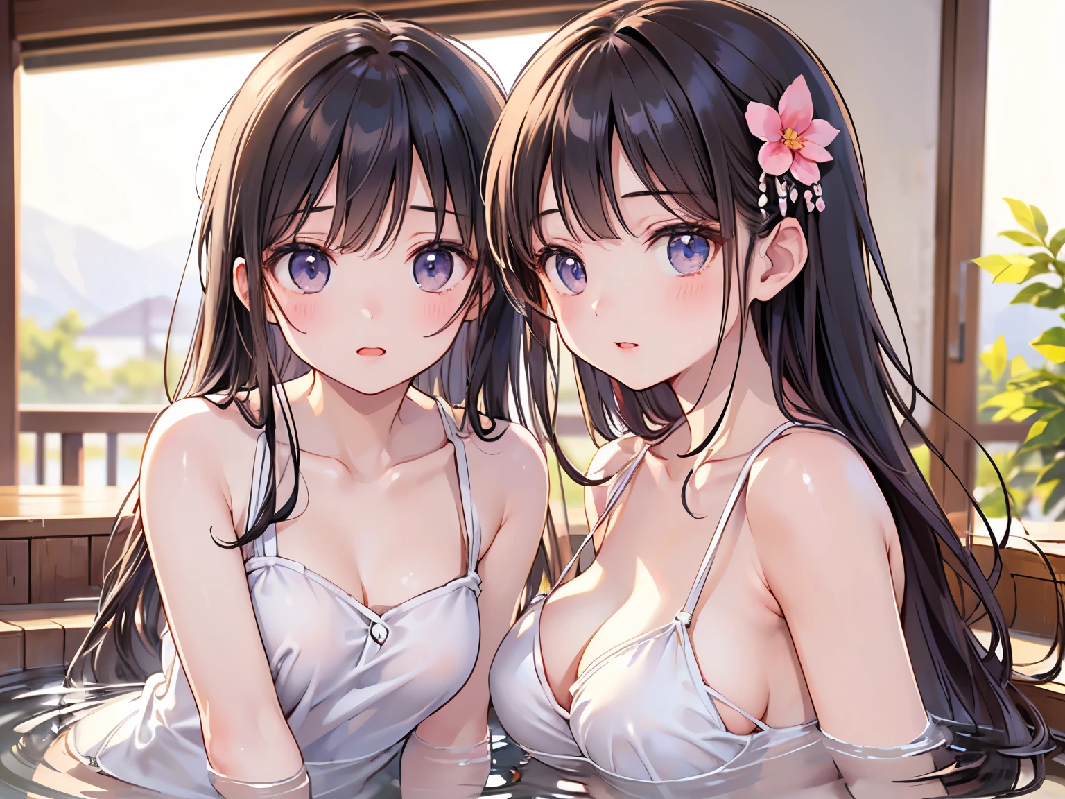 ((2girls)), ((Best Quality)), (Ultra-detailed), (extremely detailed CG unified 8k wallpaper), Highly detailed, High-definition raw color photos, Professional Photography, ((Beautiful breasts)), brown hair, Amazing face and eyes, (amazingly beautiful girl), Hot spring, onsen, forest, forest bathing,