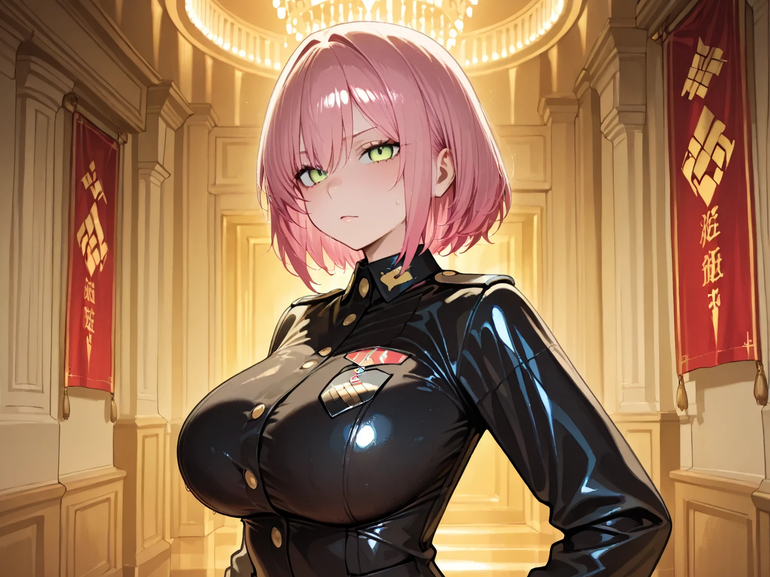 1girl,short pink hair,blue eyes,military uniform,peaked cap,open black jacket,black gloves,cleavage,belt,(huge anime breasts:1.2),narrow waist,wide hips,thick thighs,very curvy,(best quality,4k,8k,highres,masterpiece:1.2),ultra-detailed,(anime,cartoon,anime-style:1.37),portraits,vivid colors,sharp focus,studio lighting