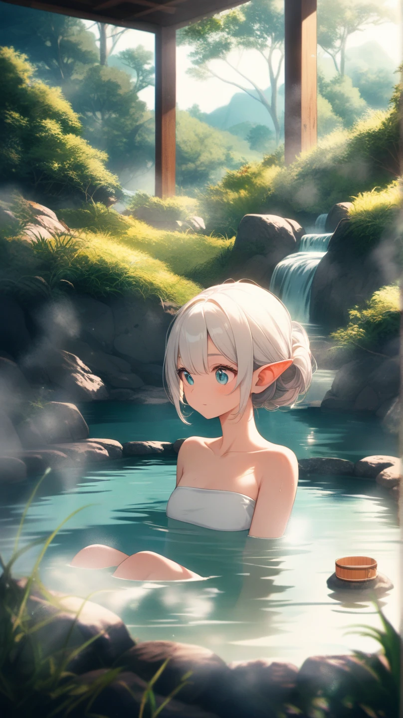 score_9, score_8_up, score_7_up, source_anime, best quality, masterpiece, official art, absurdres, highres, ultra-detailed,waifu2x,Collection: Slice of Life,break,1girl, elf, short hair, cool, slender, androgynous, flat chest, beautiful detailed eyes, stand, bathing, wet, open mouth, sleepily, outdoors, water, forest, spring,break,(clear line illustration:1.2), super detailed skin,very high resolution, very aesthetic, Best sexual lighting powered by famous artist, 8k,cute picture,beauty illustration,photoshop_(medium),,(Detailed Lighting),best anime 8k konachan wallpaper, pixiv contest winner,