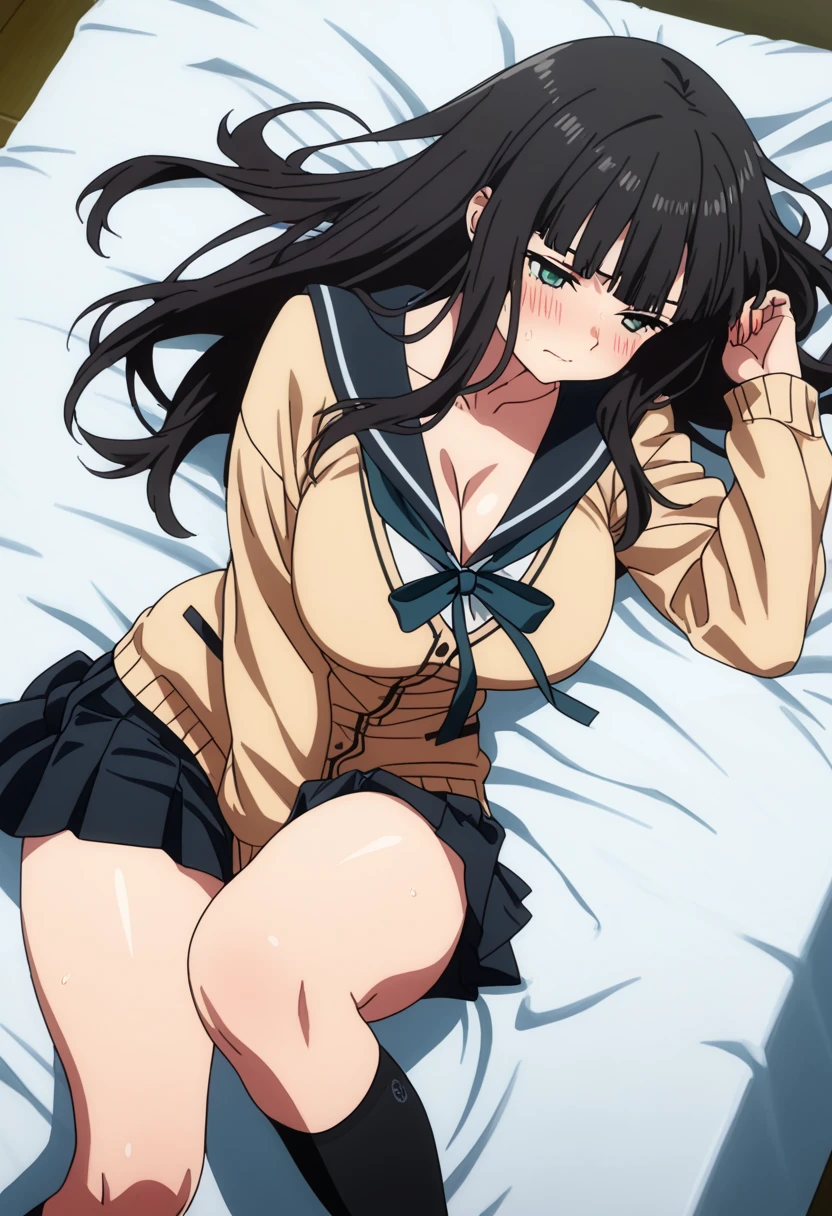 ((masterpiece, best quality)),very detailed, simple eyes,class room,1girl,(pantyhose),lying on bed ,arms up,hands behind head,medium breasts,<lora:rinko:1>,rinko shirokane ,black_hair, blush, buttons,brown shirt,brown skirt, collarbone, dress, hanasakigawa_school_uniform, facing_viewer, long_hair, long_sleeves, red_ribbon, ribbon, sailor_collar, school_uniform, smile,