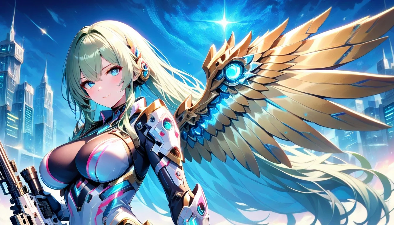 a picture of a mecha woman having a tan at the sea, (full body: 1.2), an exquisite beautiful (ultra detailed, Masterpiece, best quality: 1.3) female mecha woman, dynamic angle (best detailed, Masterpiece, best quality), best detailed face (best detailed, Masterpiece, best quality), ultra feminine (best detailed, Masterpiece, best quality), blond hair, long hair, braided hair, green eyes color, fairy_wings spread bright colors (mechanical fairyl wings: 1.2), (wearing bathing suit: 1.4), standing at the sea, wavy sea, sands, day light, sun rising, fun atmosphere, ultra wide angle shot, high details, fantasy art, RPG art best quality, 16k, [ultra detailed], masterpiece, best quality, (ultra detailed), full body, ultra wide shot, photorealistic,
