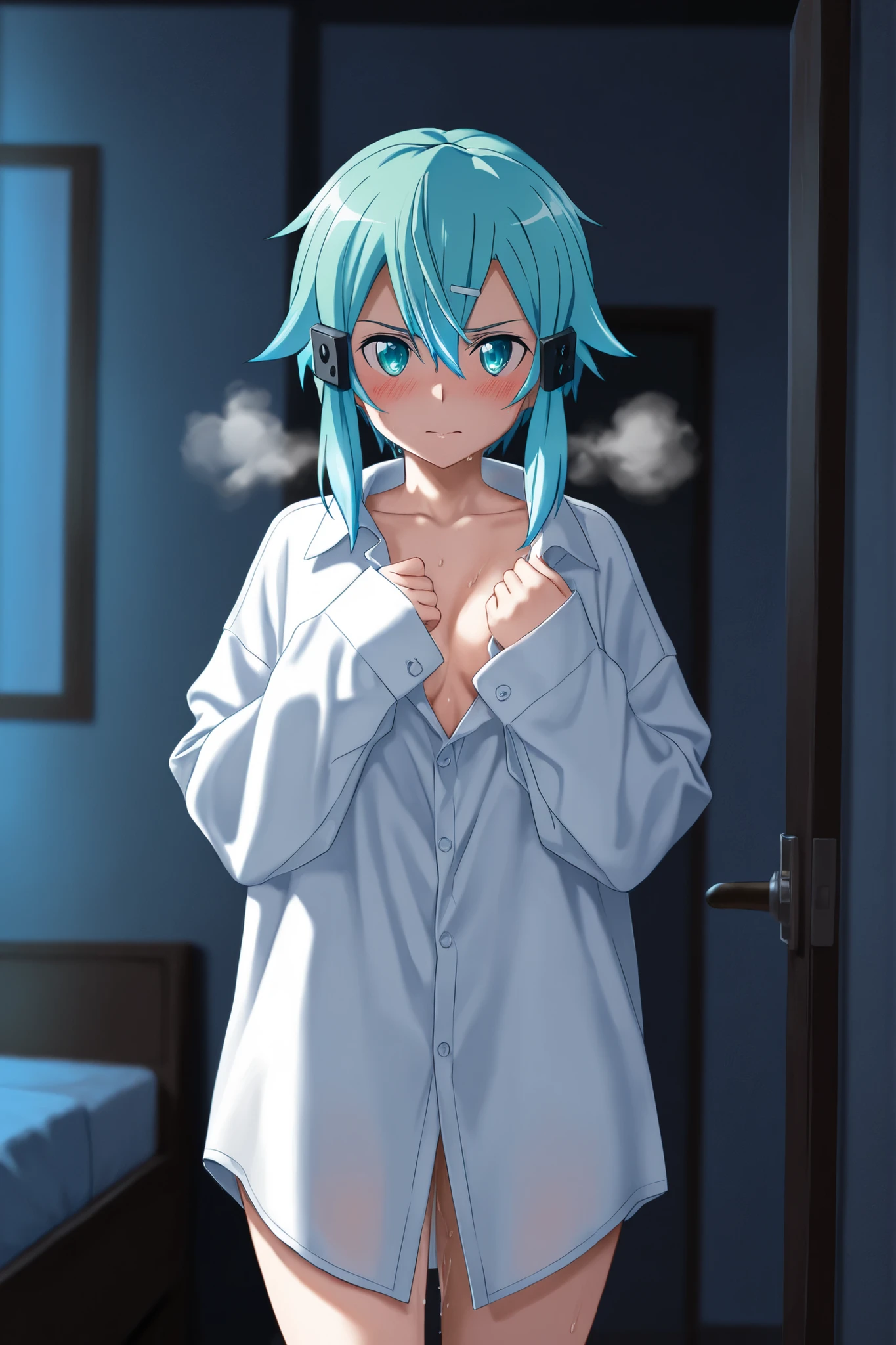NSFW,masterpiece,Highest quality,High resolution,Super detailed,Sinon\(Sword Art Online\),Naked shirt,hair ornaments, Hair Clip,Embarrassed,expectant face,nervous,blush,Bedroom at night,Dark Room,Girl sitting