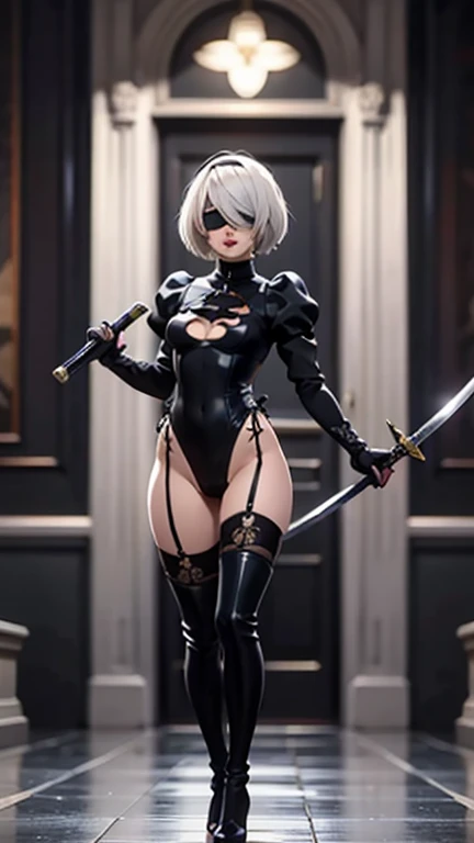 sred eyes, pointy ears, long black hair, pink lipstick, makeup, pale skin, curvy, anatomically correct, heavy breathing, huge breasts, best quality, masterpiece, high quality, high details, highres, HD, (shaded face:1.2), hollow eyes, blue eyes, looking at viewer, seductive smile, Masterpiece, holding sword, weapon, 1girl, leotard, white_leotard, katana, breasts, holding, holding_sword, solo, thighhighs, holding_weapon, thigh_boots, gloves, dress, thighhighs_under_boots, thighs