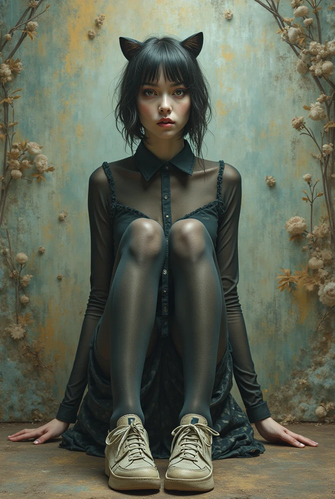 ((masutepiece)).((From Side)), ((From below)) ((Full body)), ((Realistlegant punk woman with beautiful flowers, Delicate face, Shy Expressions, low head, Slender Leg, cold light, the night, starrysky, (In black, colors, white color rook,detailed scenes, detaileds,Super detailed quality,tmasterpiece)